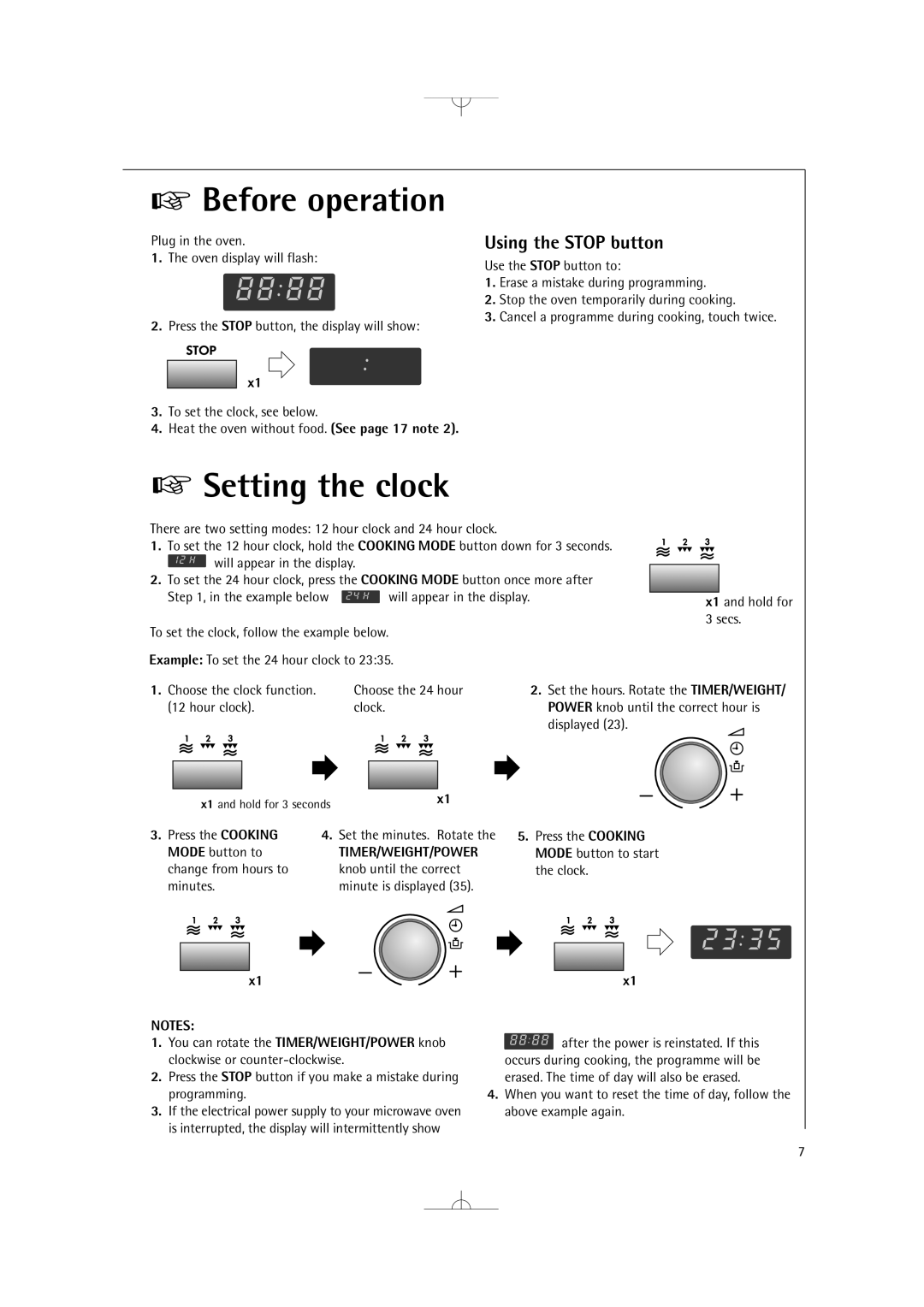 Electrolux MCD2660E Before operation, Setting the clock, Using the Stop button, Press the Cooking, Timer/Weight/Power 