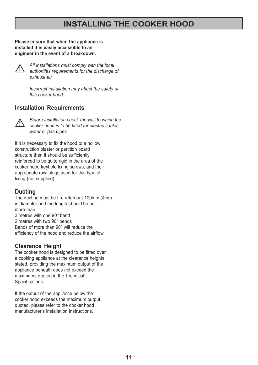 Electrolux MCH 660 manual Installing the Cooker Hood, Installation Requirements, Ducting, Clearance Height 