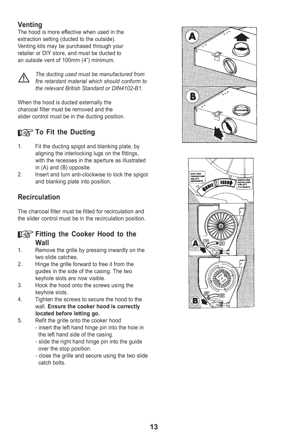 Electrolux MCH 660 manual Venting, To Fit the Ducting, Fitting the Cooker Hood to the Wall 