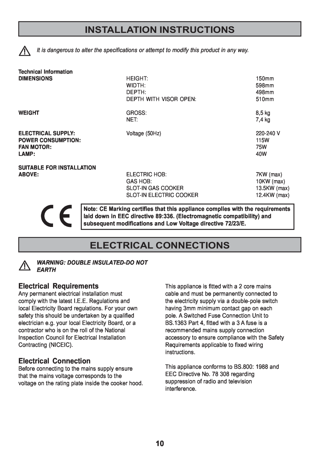 Electrolux MCH 660 manual Installation Instructions, Electrical Connections, Electrical Requirements 