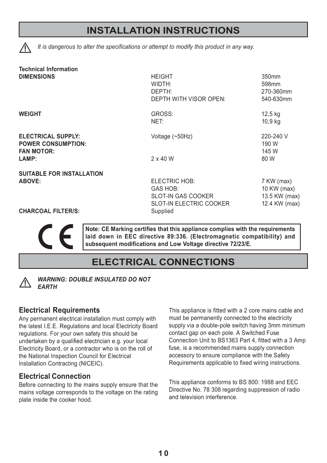 Electrolux MCH 662 manual Installation Instructions, Electrical Connections, Electrical Requirements 