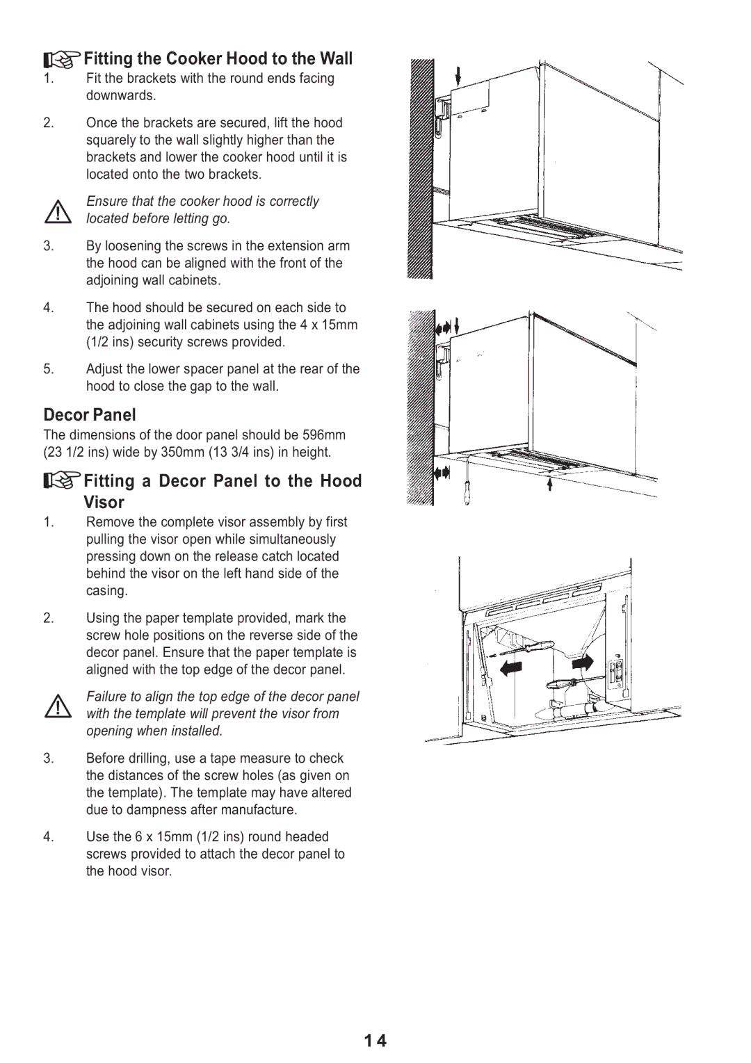 Electrolux MCH 662 manual Fitting the Cooker Hood to the Wall, Fitting a Decor Panel to the Hood Visor 