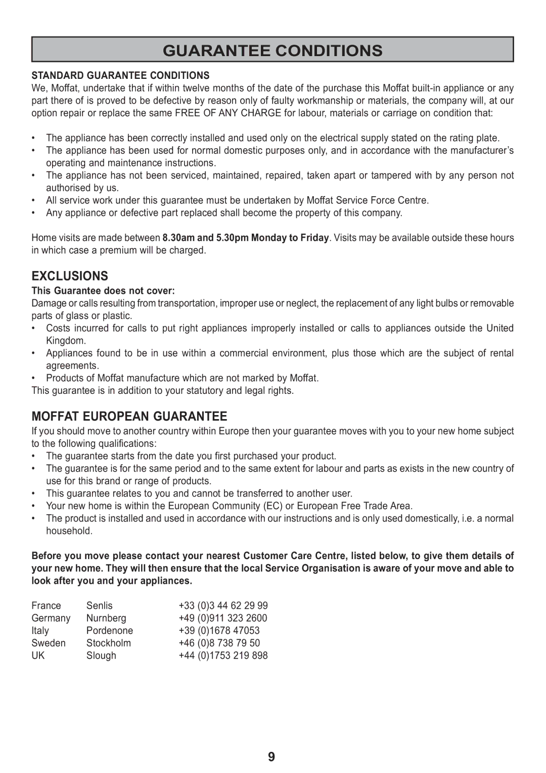 Electrolux MCH 662 manual Guarantee Conditions, France Senlis +33, Germany Nurnberg +49 