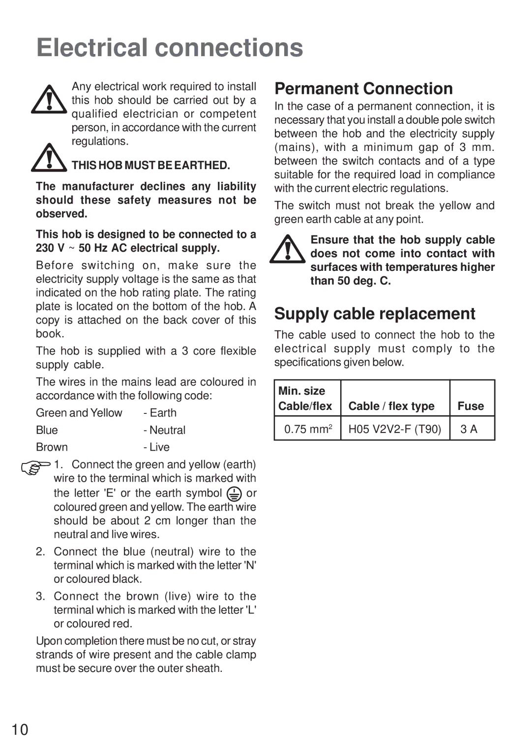 Electrolux MGH 621 manual Electrical connections, Permanent Connection, Supply cable replacement 