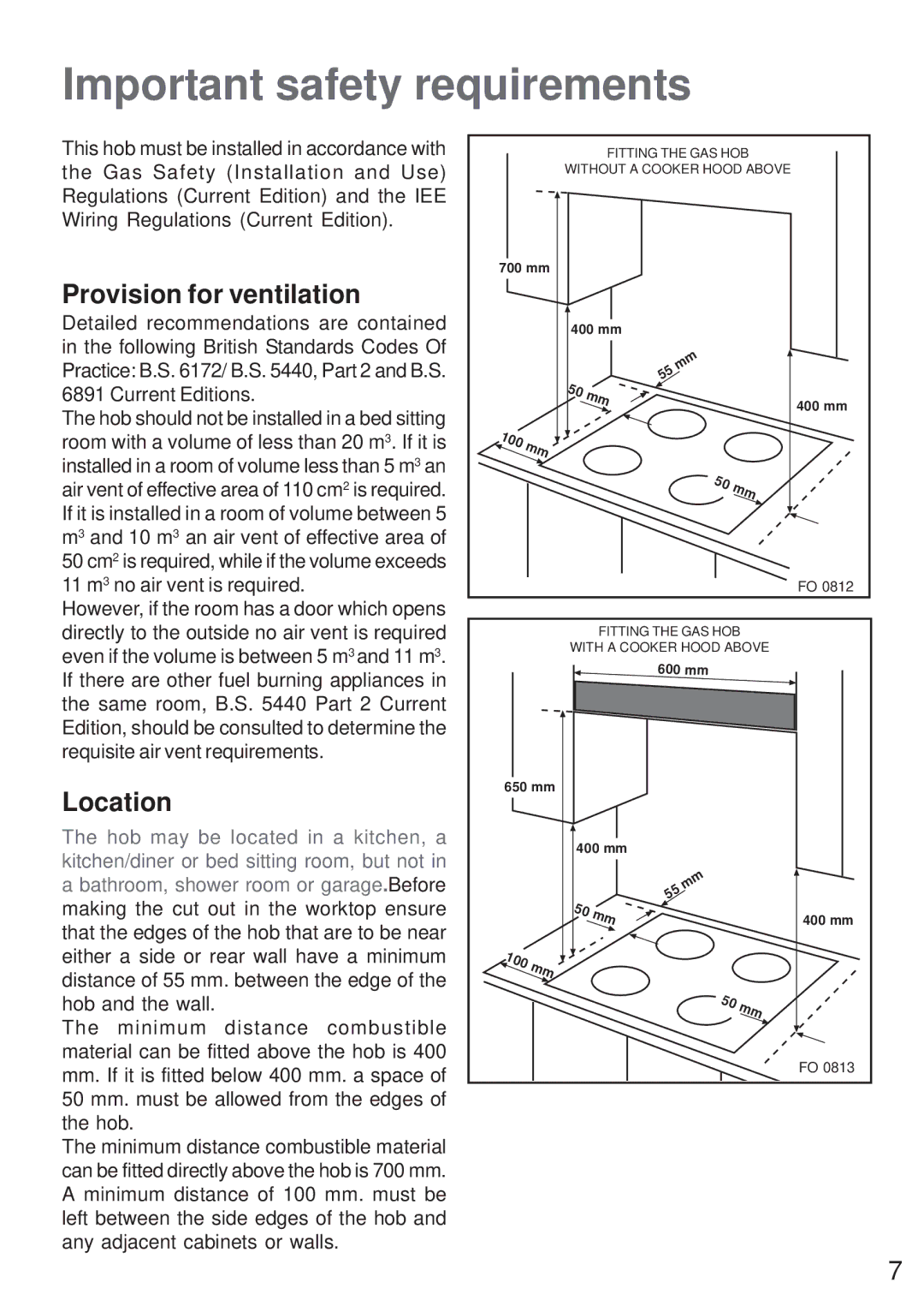 Electrolux MGH 621 manual Important safety requirements, Provision for ventilation 