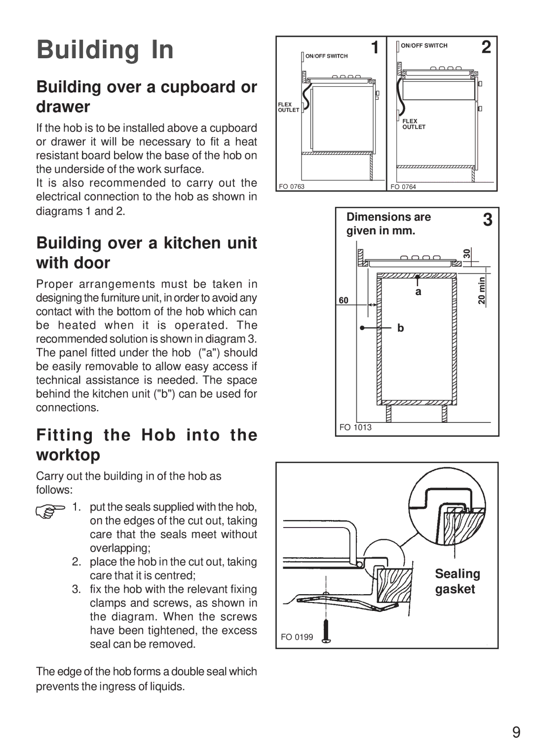 Electrolux MGH 621 Building over a cupboard or drawer, Building over a kitchen unit with door, Dimensions are Given in mm 