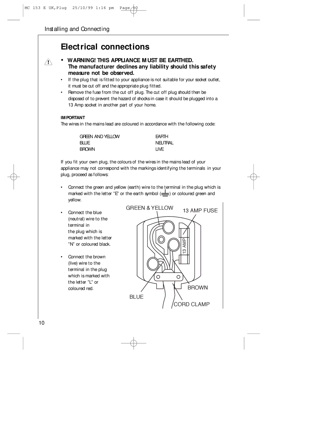 Electrolux MICROMAT 153 E manual Electrical connections, ∙ WARNING! this Appliance Must be Earthed 