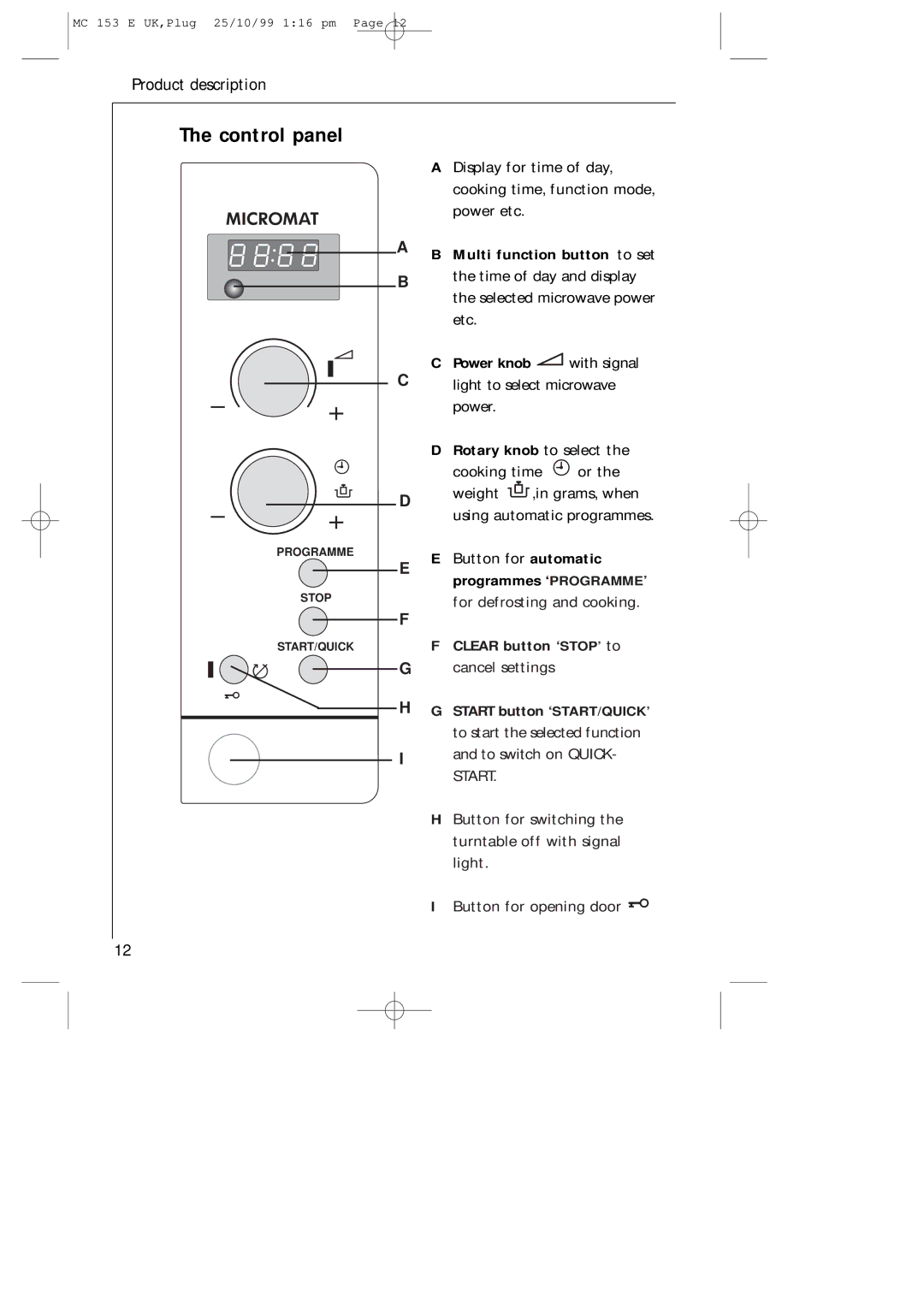 Electrolux MICROMAT 153 E manual Control panel 