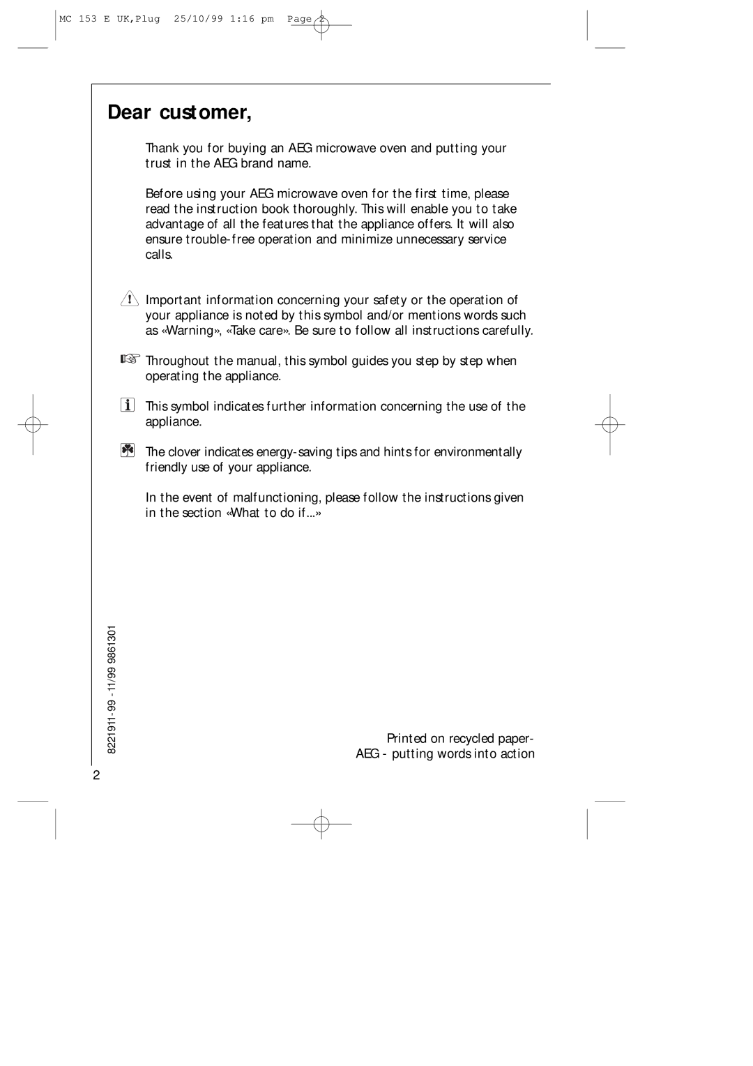 Electrolux MICROMAT 153 E manual Dear customer 