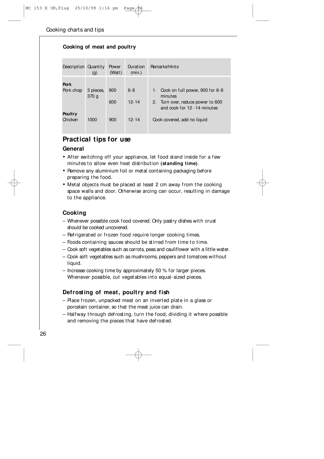 Electrolux MICROMAT 153 E manual Practical tips for use, Cooking of meat and poultry, Pork 