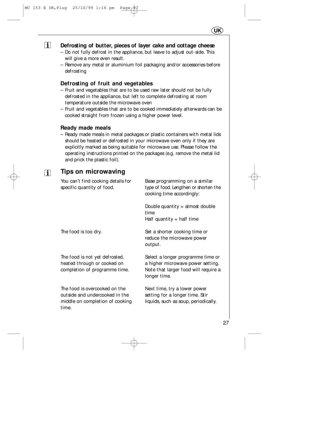 Electrolux MICROMAT 153 E manual Tips on microwaving, Defrosting of fruit and vegetables 