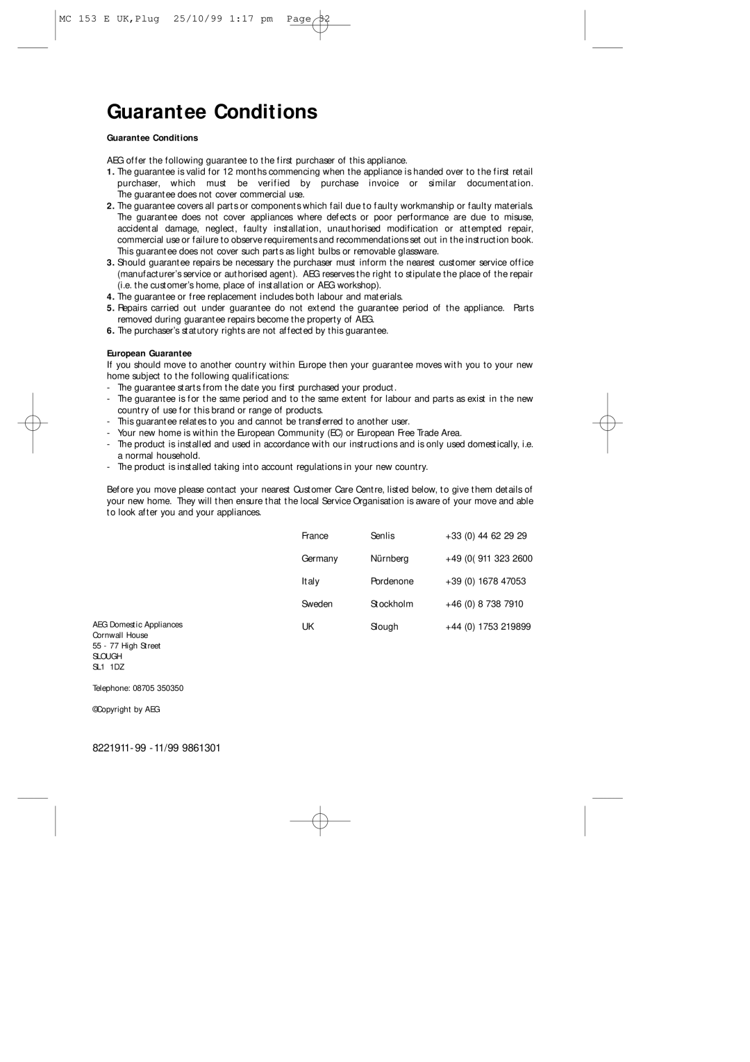 Electrolux MICROMAT 153 E manual Guarantee Conditions 