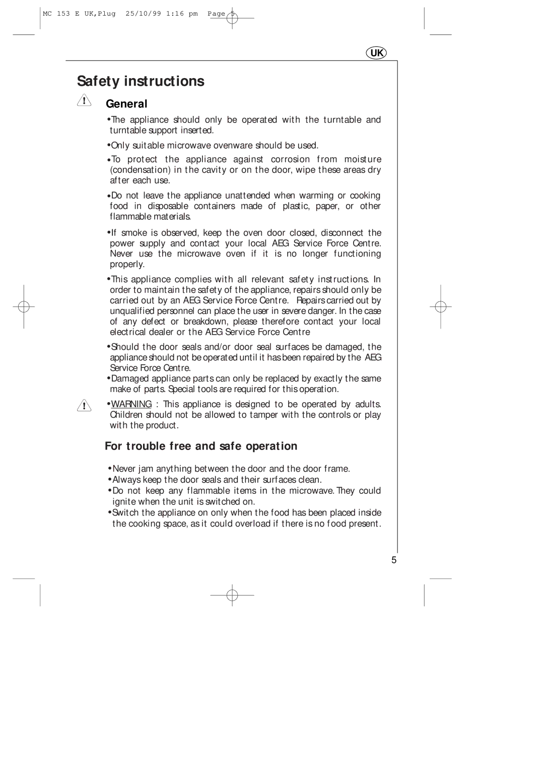 Electrolux MICROMAT 153 E manual Safety instructions, General, For trouble free and safe operation 