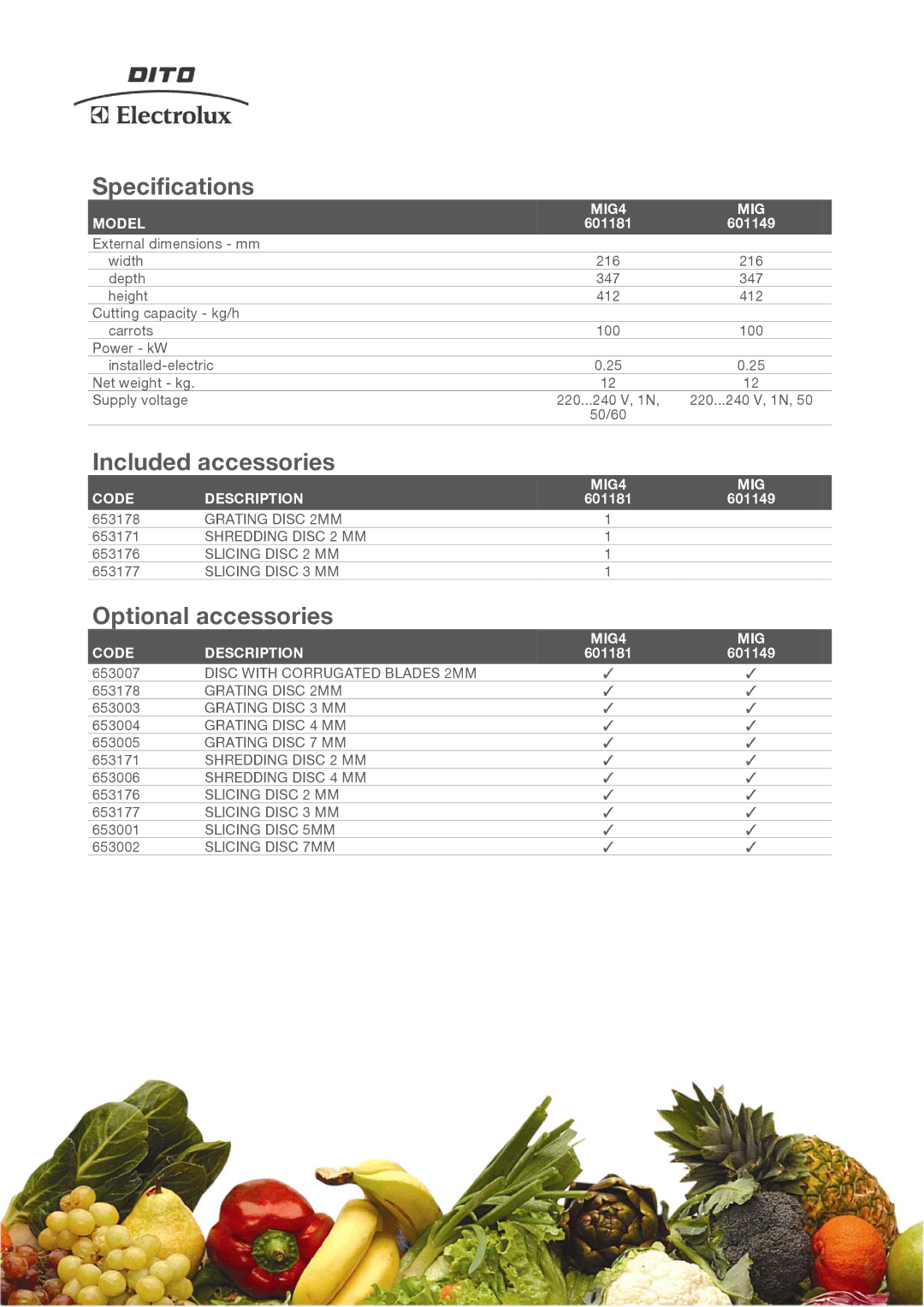 Electrolux 601181, 601149 Specifications, Included accessories, Optional accessories, MIG4 Model, MIG4 Code Description 