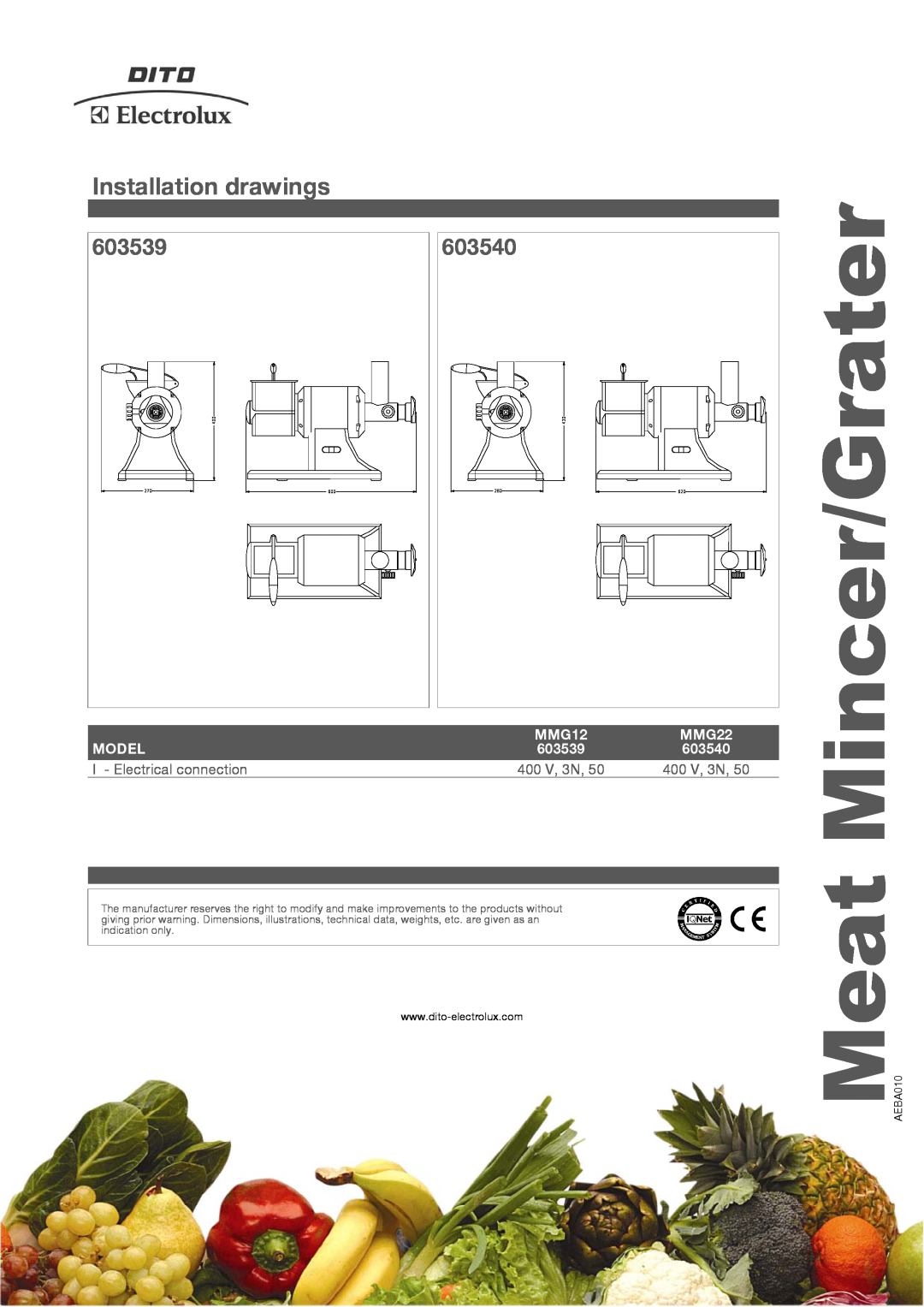 Electrolux 603539 manual Installation drawings, 603540, MMG12, MMG22, Model, I - Electrical connection, 400 V, 3N, 430 620 