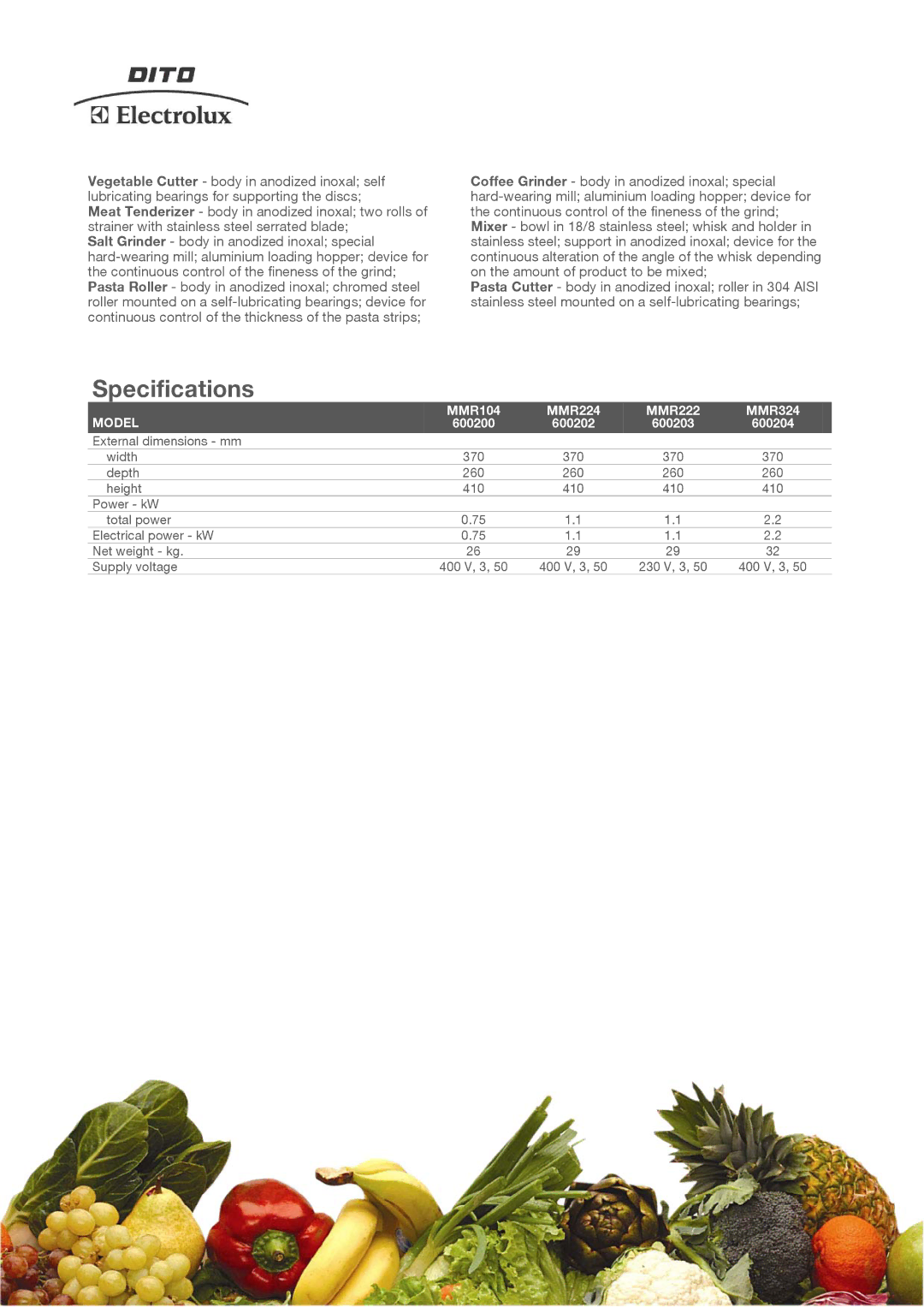 Electrolux manual Specifications, Model, MMR104 MMR224 MMR222 MMR324 600200 600202 600203 600204 