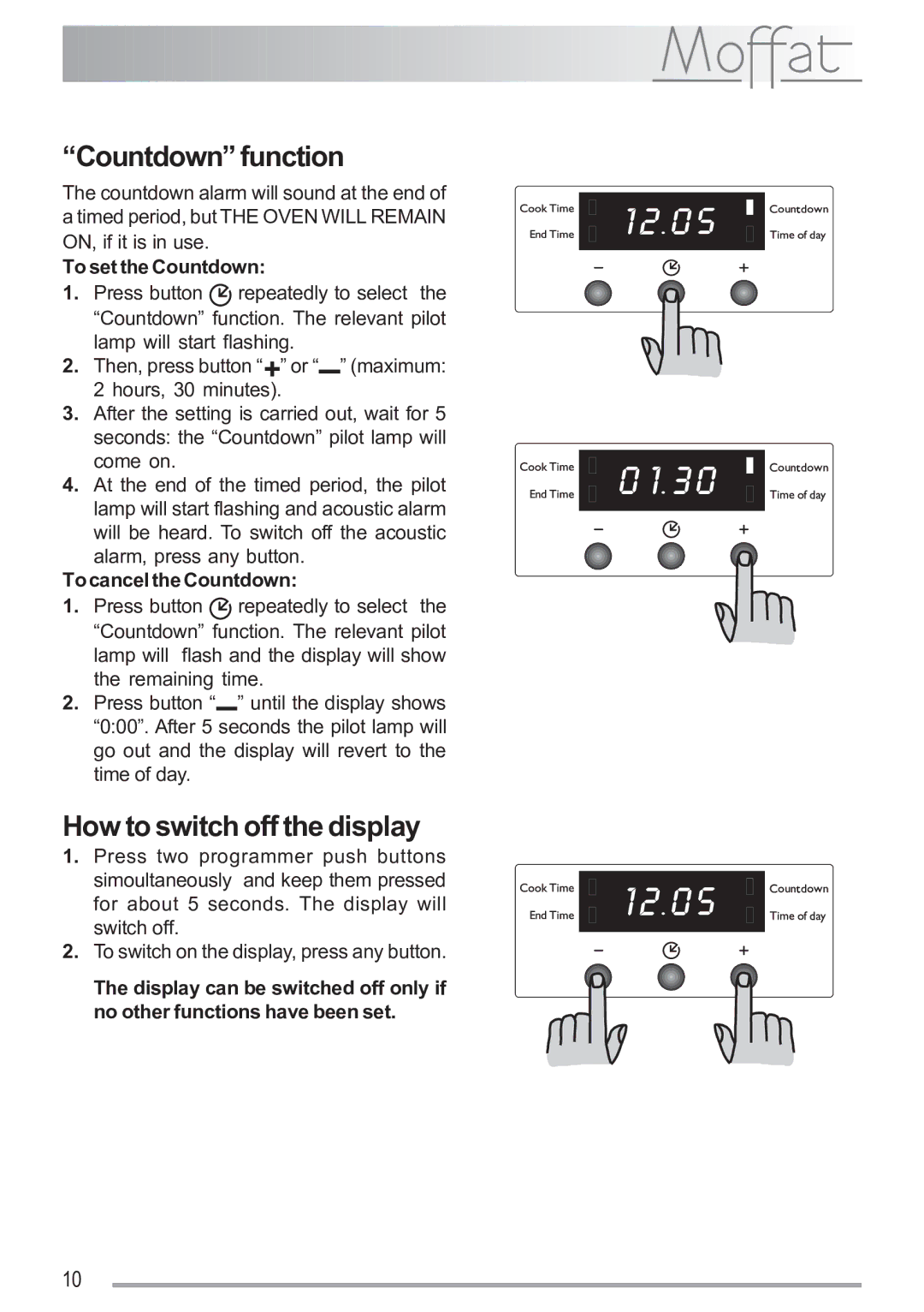 Electrolux MSF 620 manual Countdown function, How to switch off the display, To set the Countdown, To cancel the Countdown 