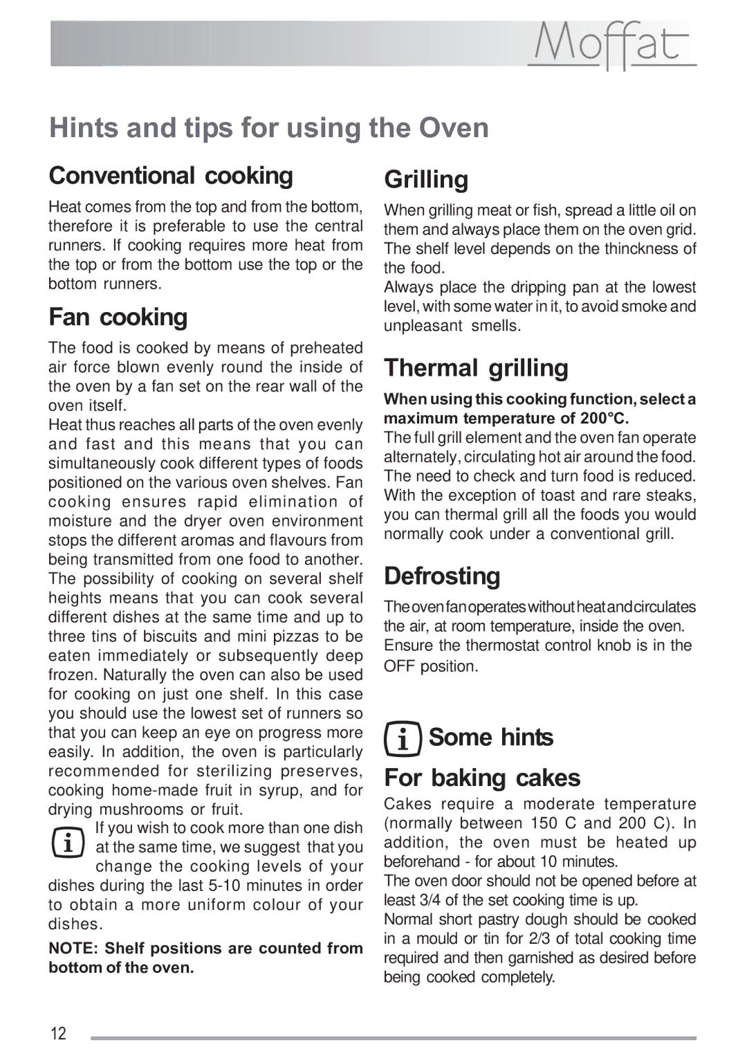 Electrolux MSF 620 manual Hints and tips for using the Oven, Conventional cooking 