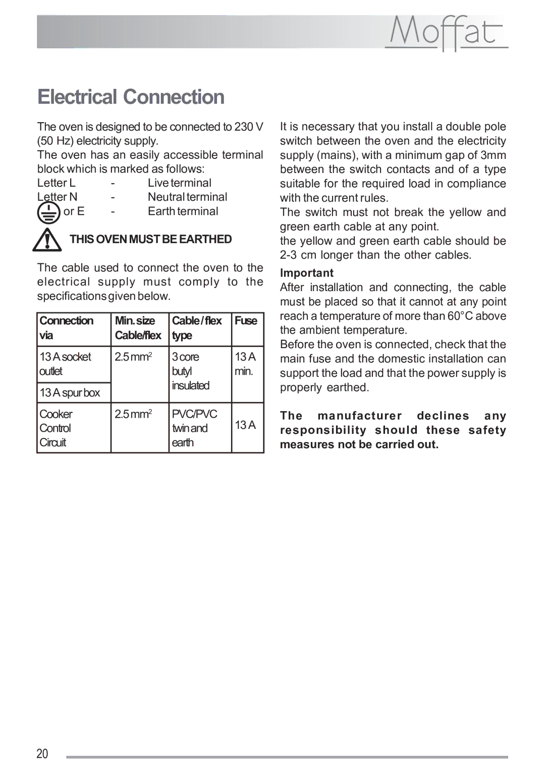 Electrolux MSF 620 manual Electrical Connection, Or E Earth terminal, Connection Min.size Cable/flex Fuse Via, Type 