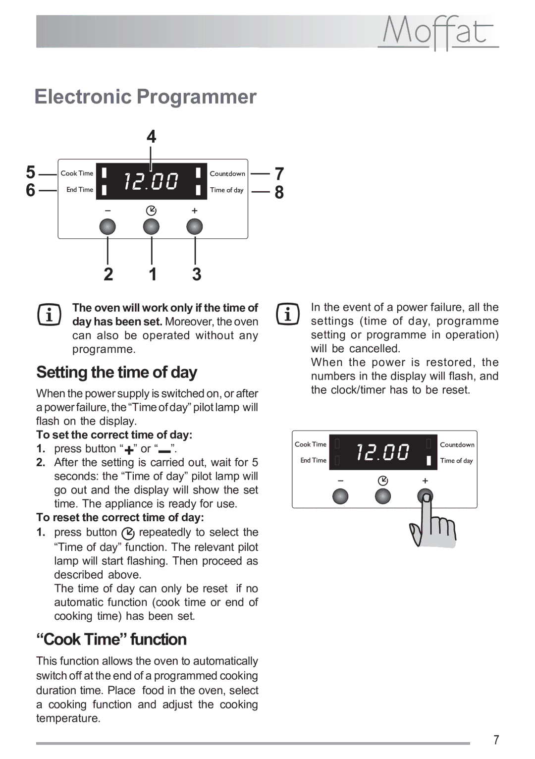 Electrolux MSF 620 Electronic Programmer, Setting the time of day, Cook Time function, To set the correct time of day 