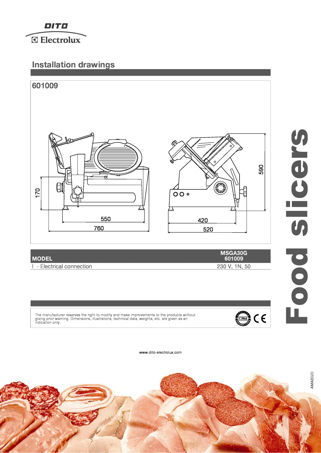 Electrolux MSGA30G Installation drawings, 601009, slicers, Food, Model, I - Electrical connection, 230 V, 1N, AMAB020 
