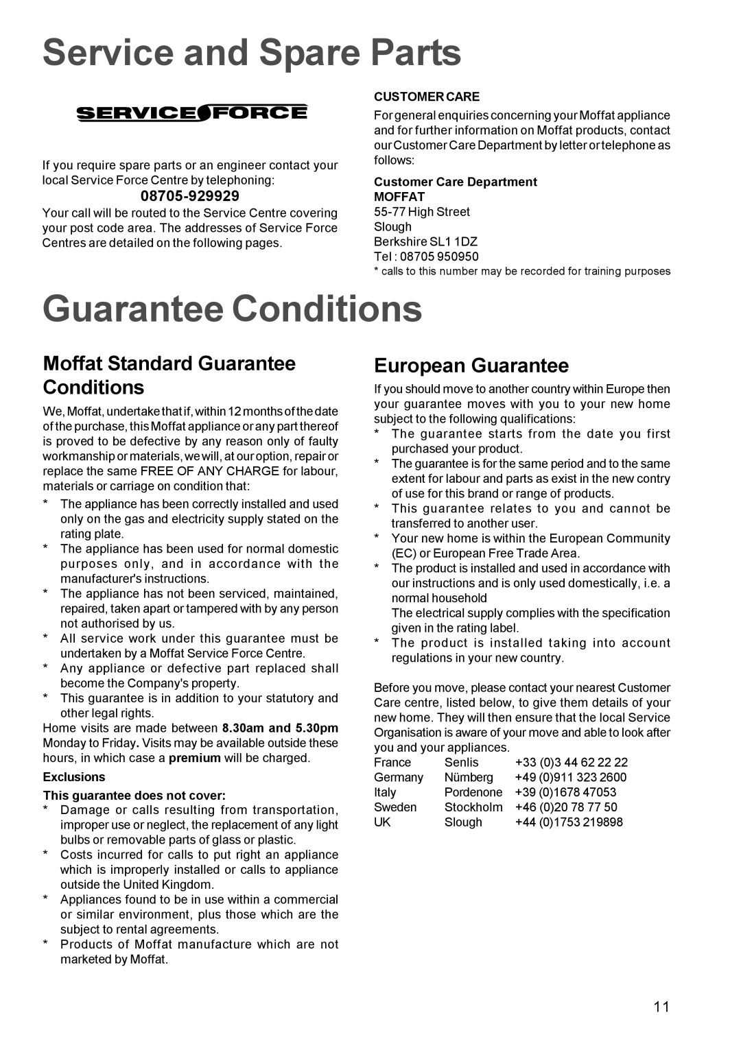 Electrolux MSS 600 manual Service and Spare Parts, Moffat Standard Guarantee Conditions, European Guarantee 