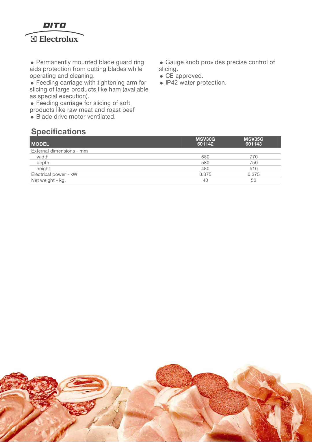 Electrolux manual Specifications, MSV30G MSV35G Model, 601143 