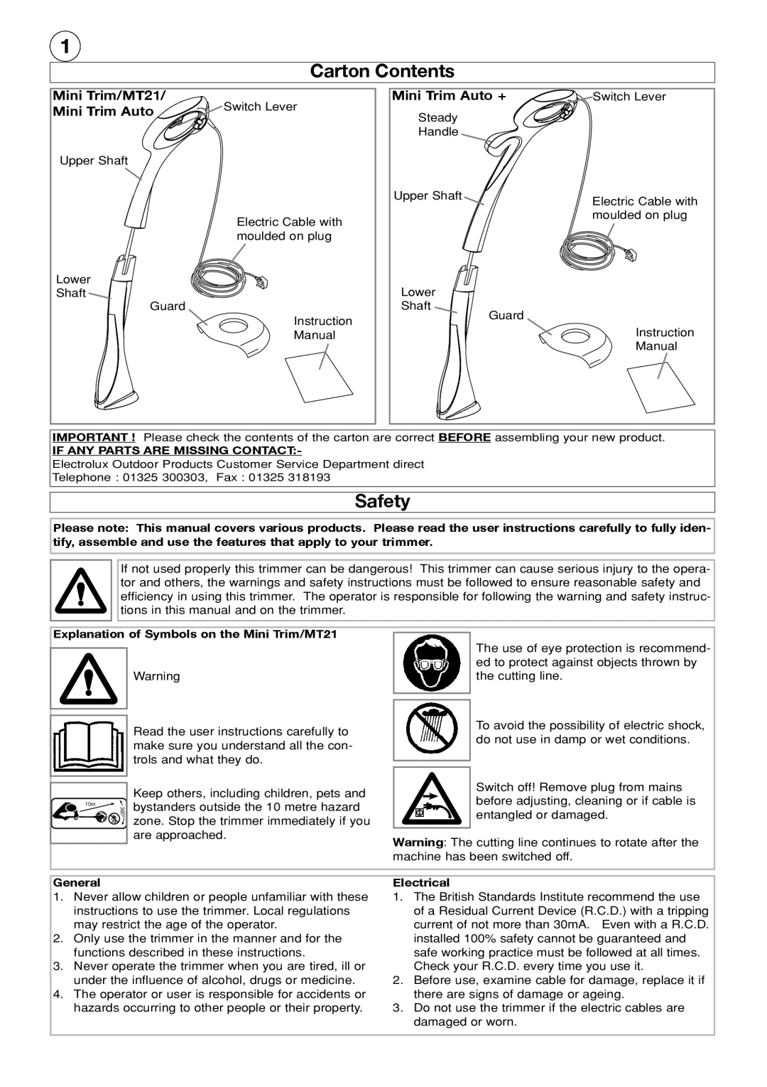 Electrolux MT21 manual Carton Contents, Safety 