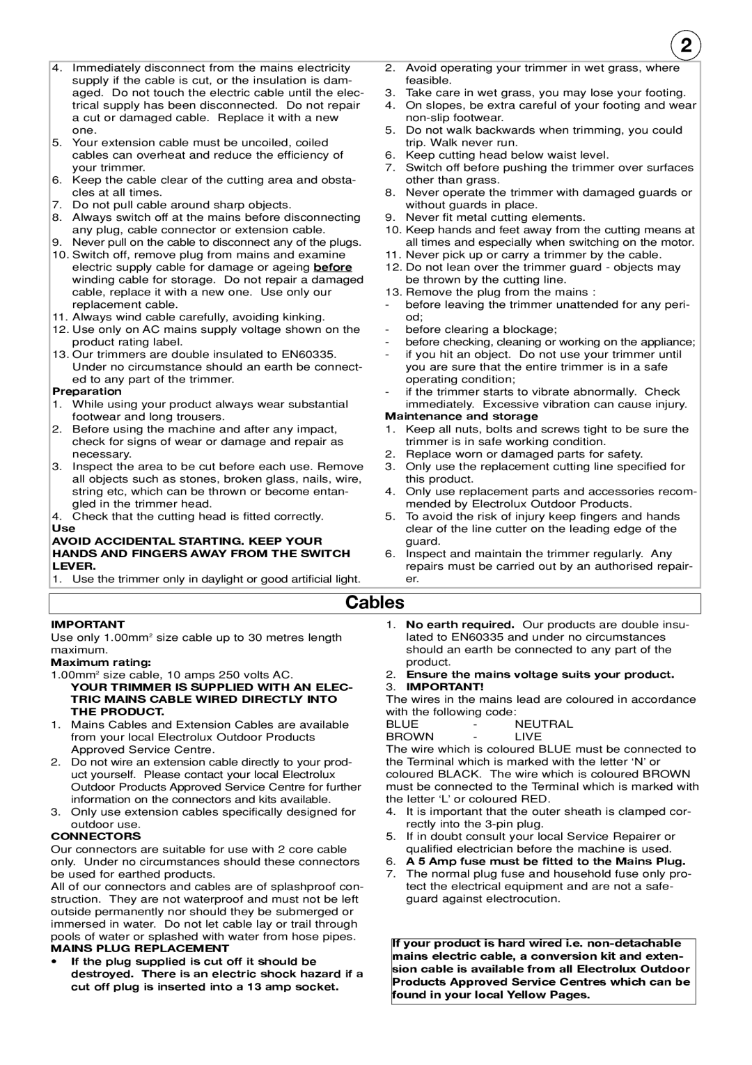 Electrolux MT21 manual Cables, Connectors, Mains Plug Replacement 