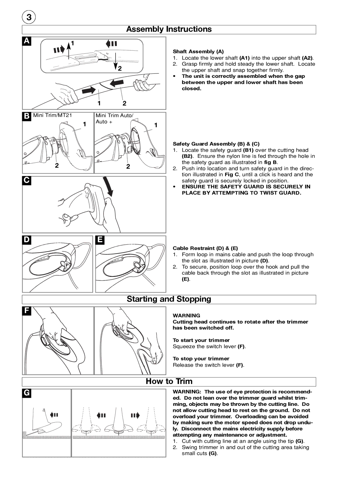 Electrolux MT21 manual Assembly Instructions, Starting and Stopping, How to Trim, Ensure the Safety Guard is Securely 