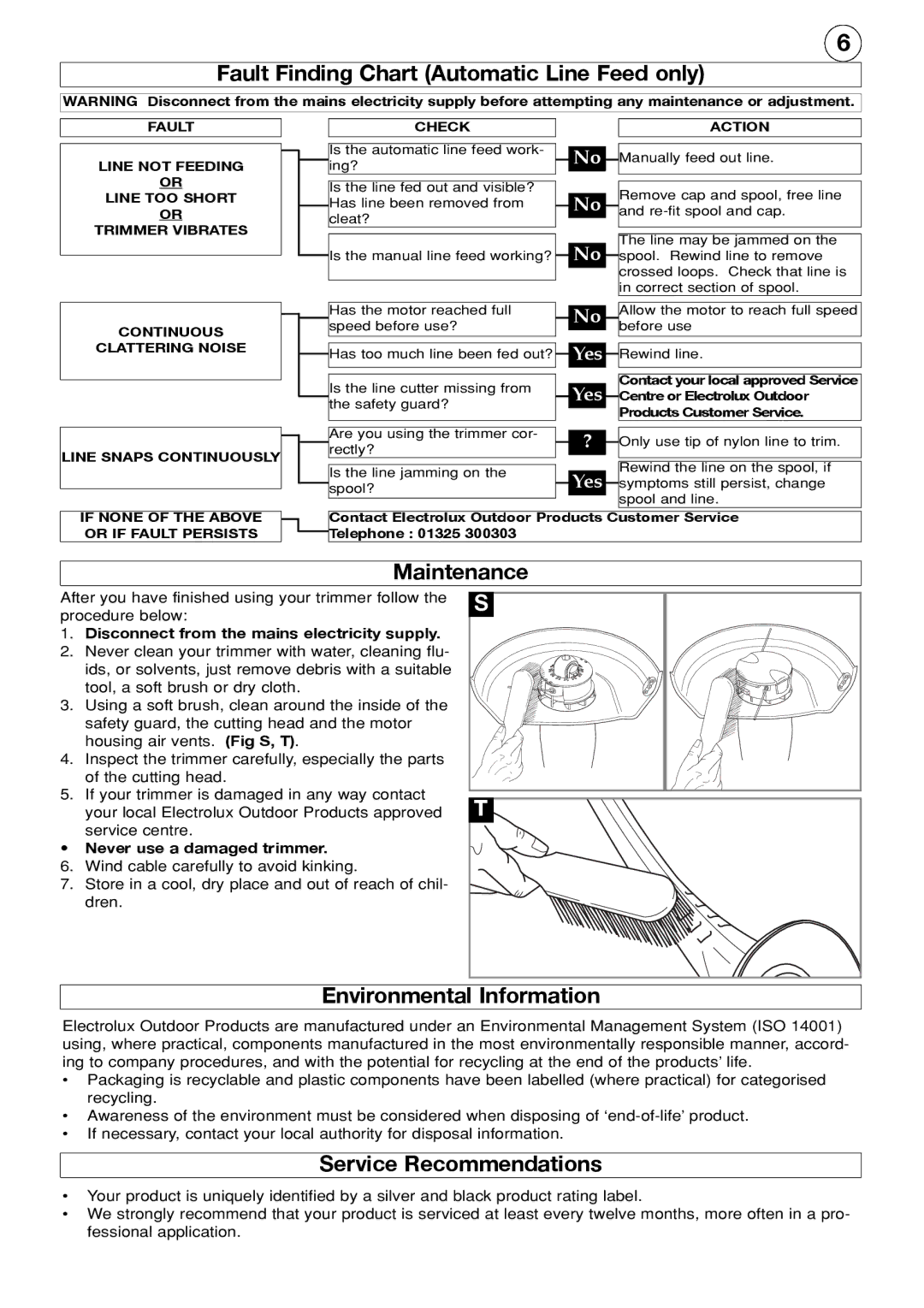 Electrolux MT21 manual Fault Finding Chart Automatic Line Feed only, Maintenance, Environmental Information 