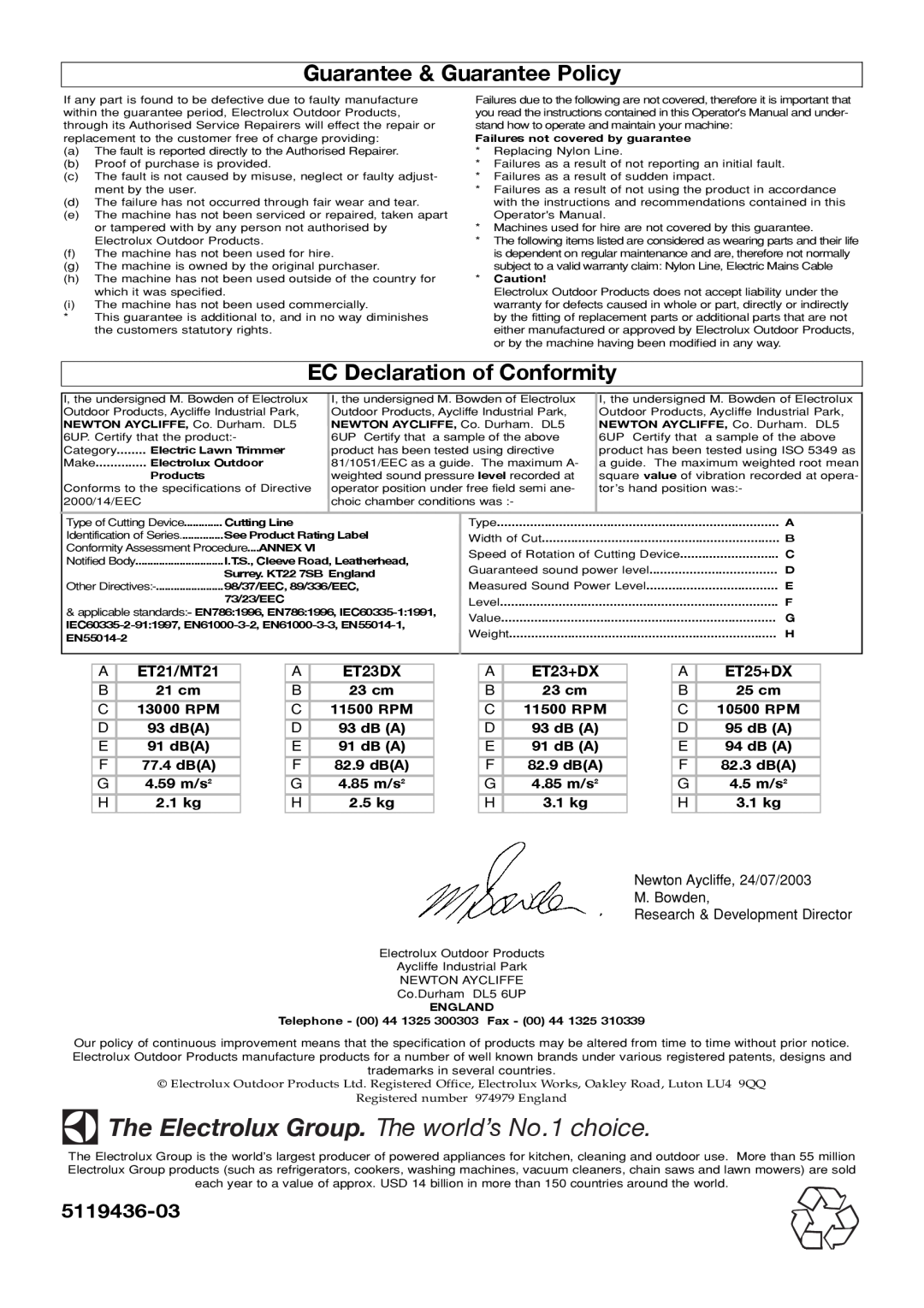 Electrolux Guarantee & Guarantee Policy, EC Declaration of Conformity, A ET21/MT21, A ET23DX, A ET23+DX, A ET25+DX 