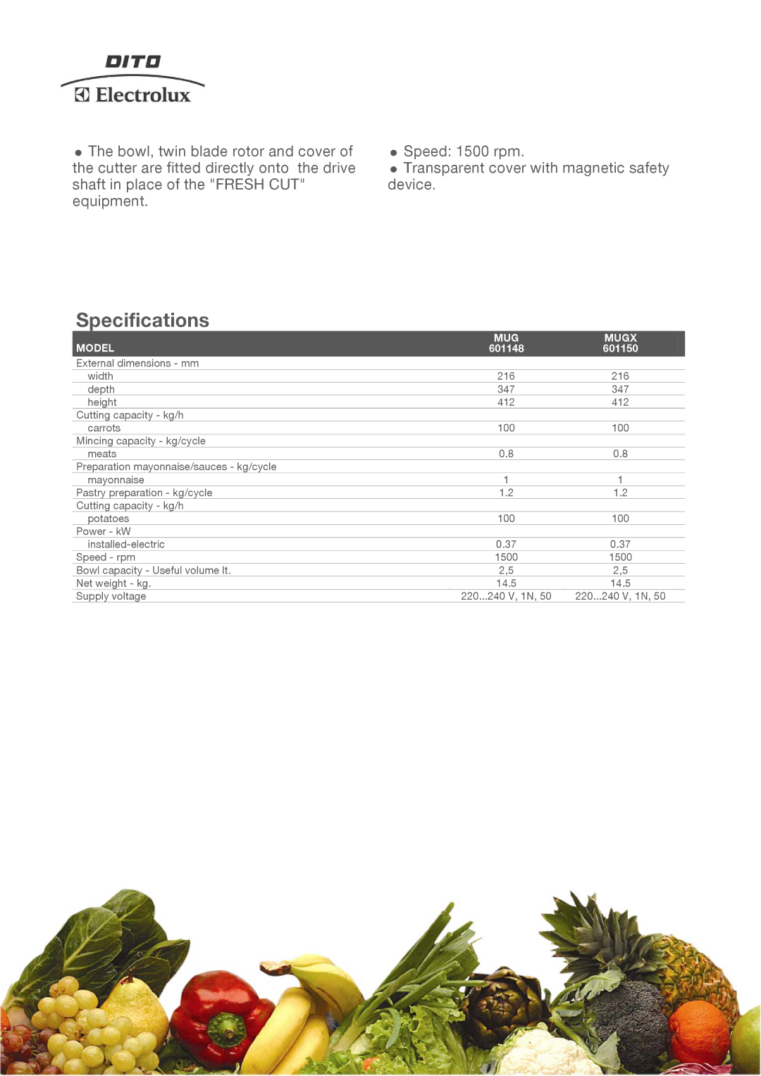 Electrolux MUGX manual Specifications, Model MUG Mugx 