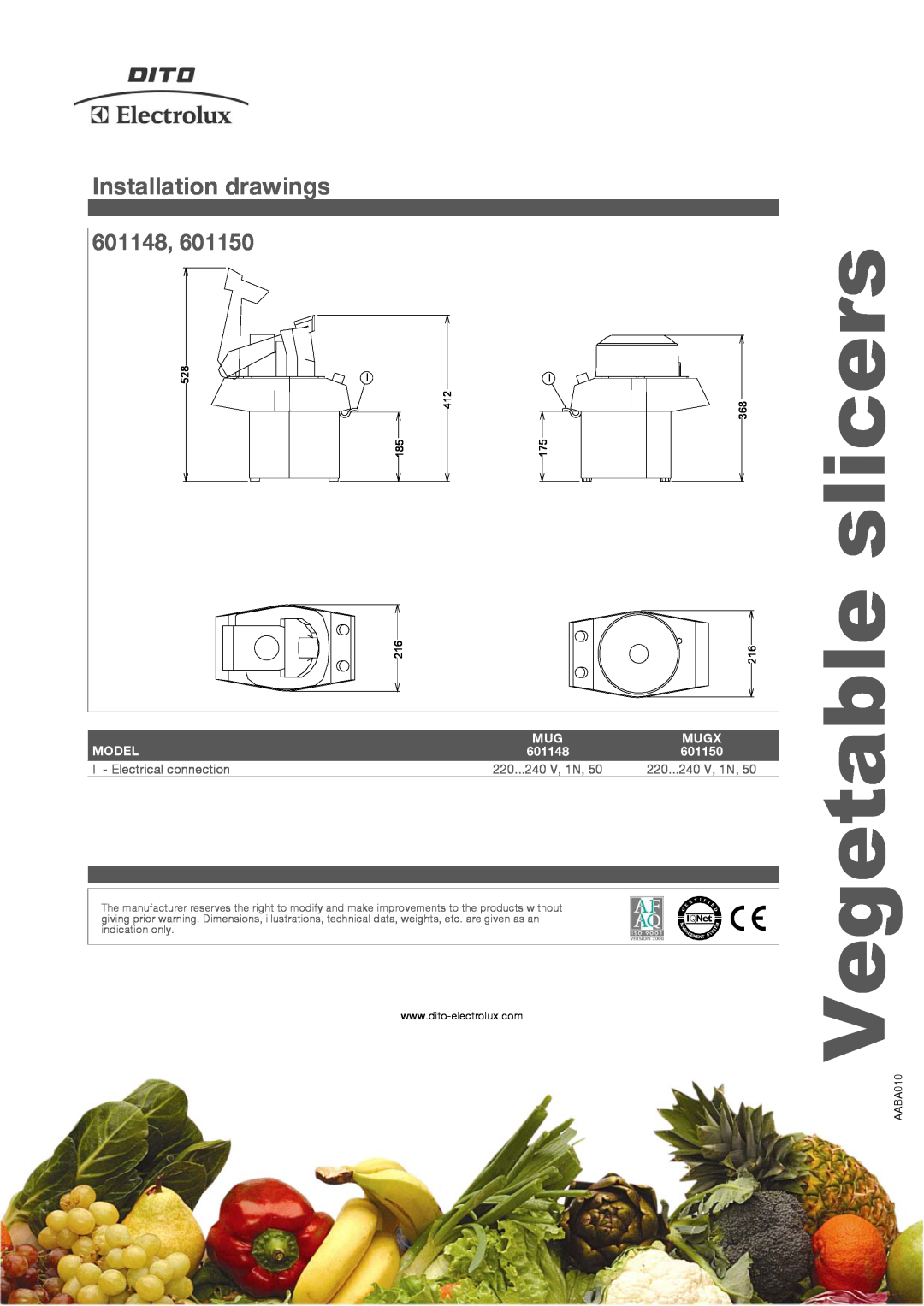 Electrolux MUGX manual Installation drawings, 601148, slicers, Vegetable, Model, Mugx, 601150 