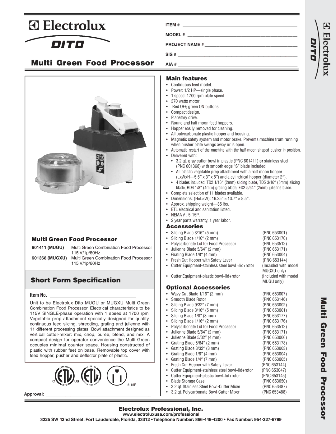 Electrolux MUGU, MUGXU, 601368, 601411 dimensions Main features, Multi Green Food Processor, Optional Accessories 