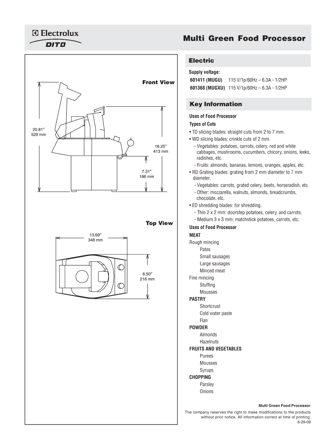 Electrolux 601368, MUGXU, MUGU, 601411 dimensions Front View, Top View 