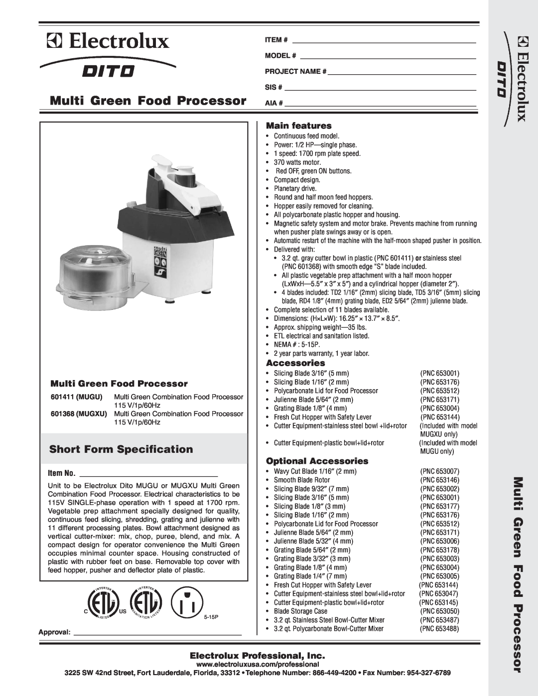 Electrolux MUGU dimensions Multi Green Food Processor, Main features, Optional Accessories, Item No, Item #, Model # 