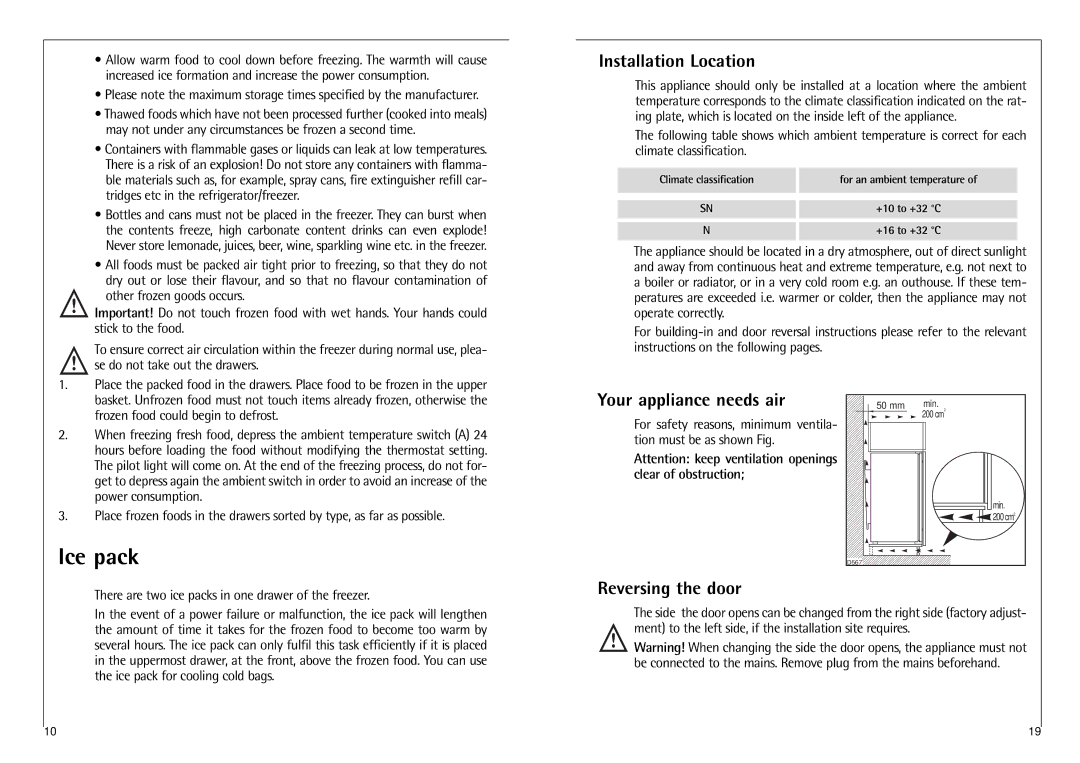 Electrolux N 6 18 40 I Ice pack, Installation Location, Your appliance needs air, Reversing the door 