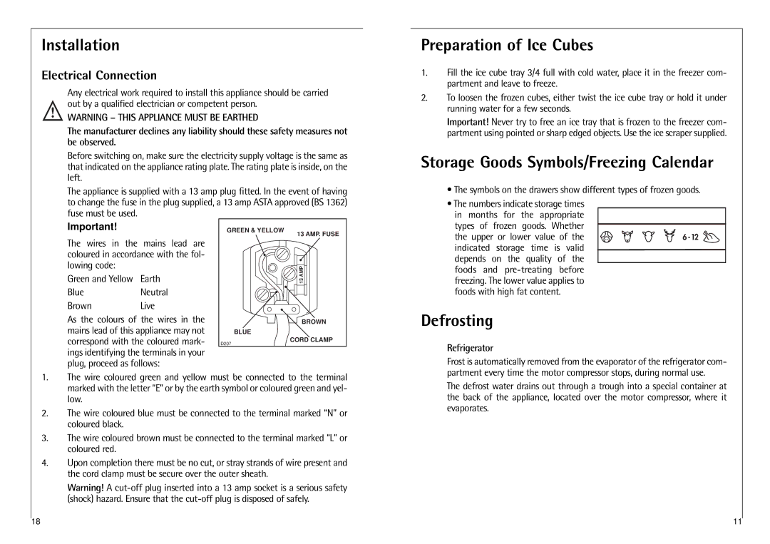 Electrolux N 6 18 40 I Installation, Preparation of Ice Cubes, Storage Goods Symbols/Freezing Calendar, Defrosting 