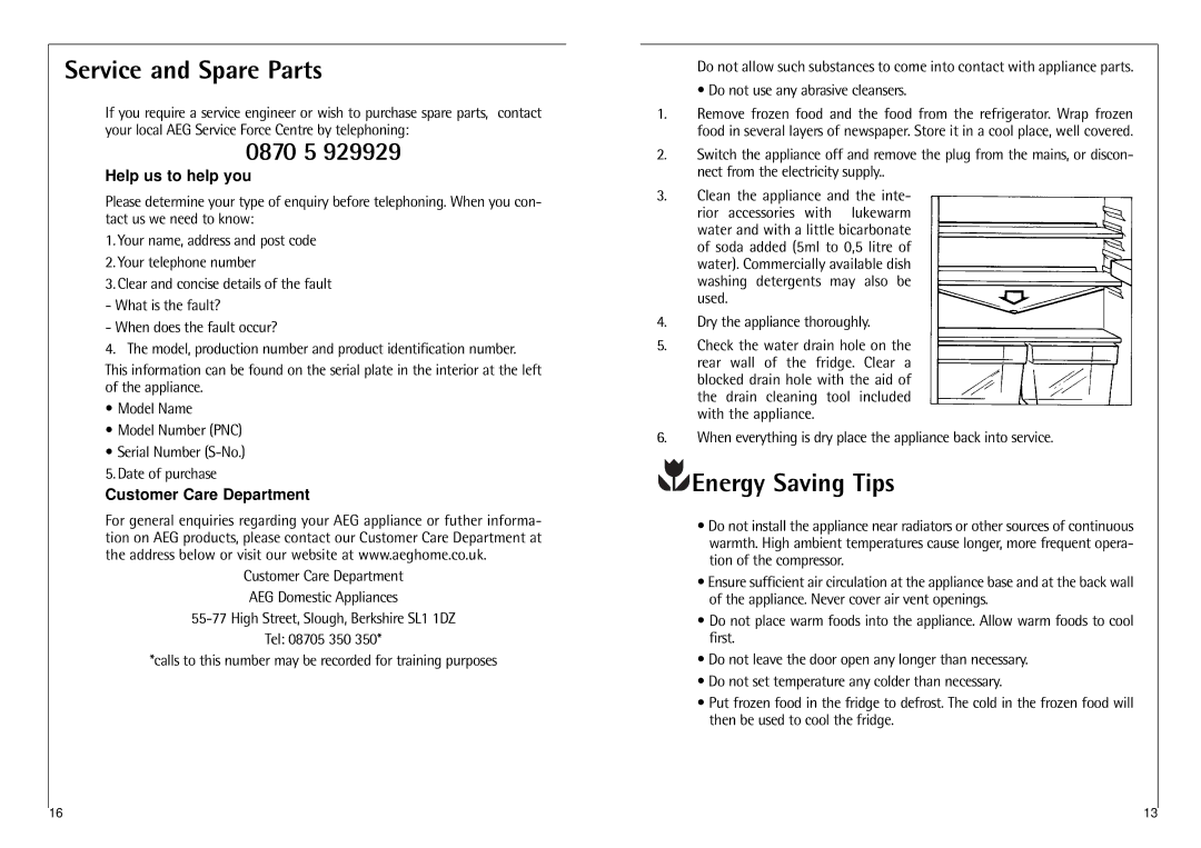 Electrolux N 6 18 40 I Service and Spare Parts, 0870 5, Energy Saving Tips, Help us to help you, Customer Care Department 