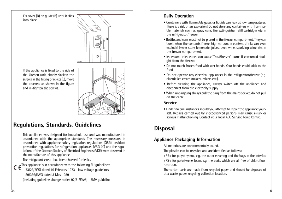 Electrolux N 6 18 40 I installation instructions Regulations, Standards, Guidelines, Disposal, Daily Operation, Service 