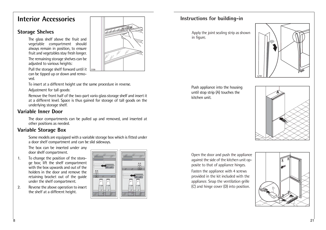 Electrolux N 6 18 40 I Interior Accessories, Instructions for building-in Storage Shelves, Variable Inner Door 