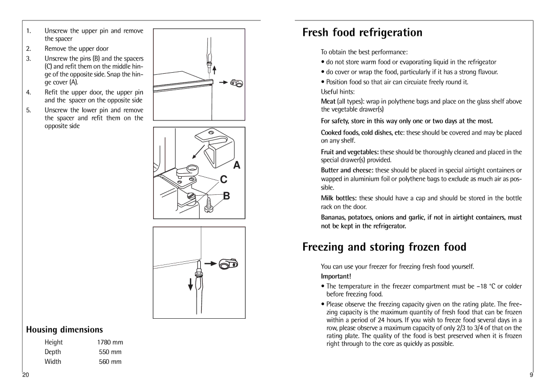 Electrolux N 6 18 40 I Fresh food refrigeration, Freezing and storing frozen food, Housing dimensions 