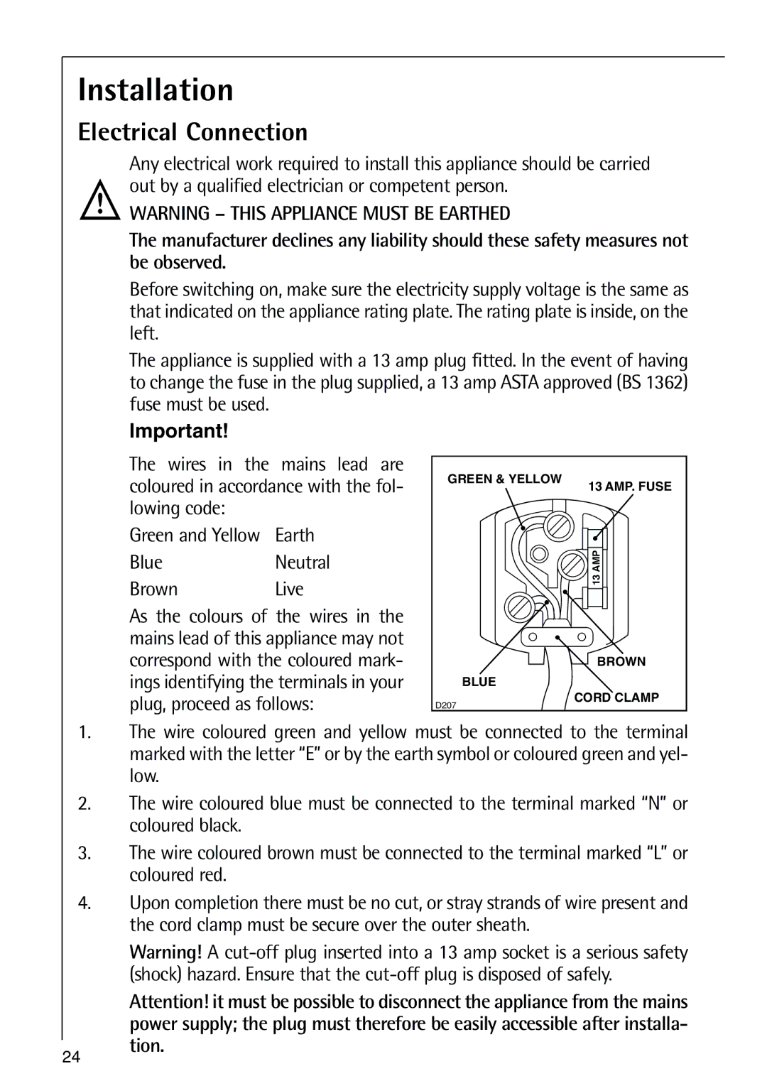 Electrolux N 9 18 41-4 i manual Installation, Electrical Connection 