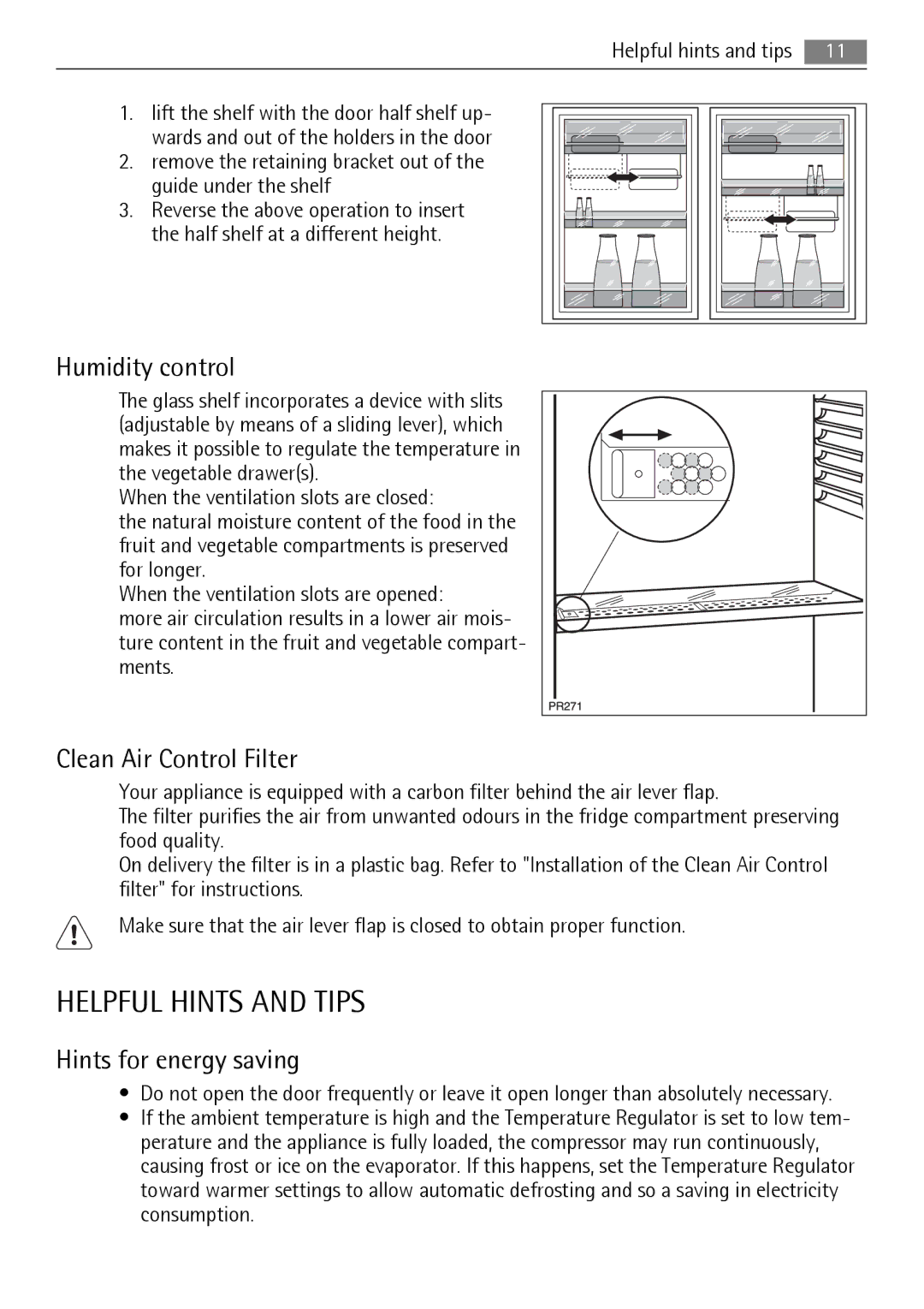 Electrolux 222344532-A-352010 Helpful Hints and Tips, Humidity control, Clean Air Control Filter, Hints for energy saving 