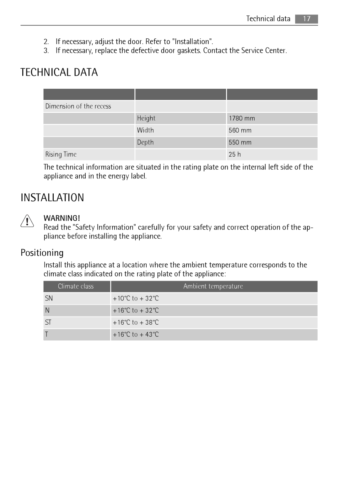 Electrolux 222344532-A-352010, N 9 18 42-4i user manual Technical Data, Installation, Positioning 