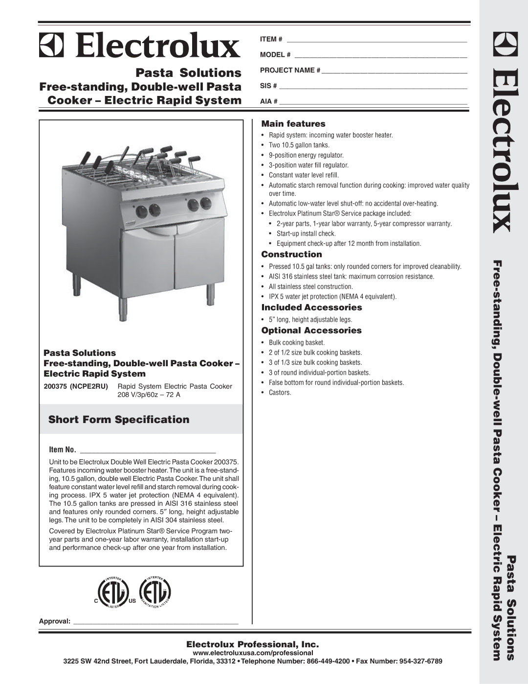 Electrolux 200375, NCPE2RU warranty Main features, Construction, Included Accessories, Optional Accessories 