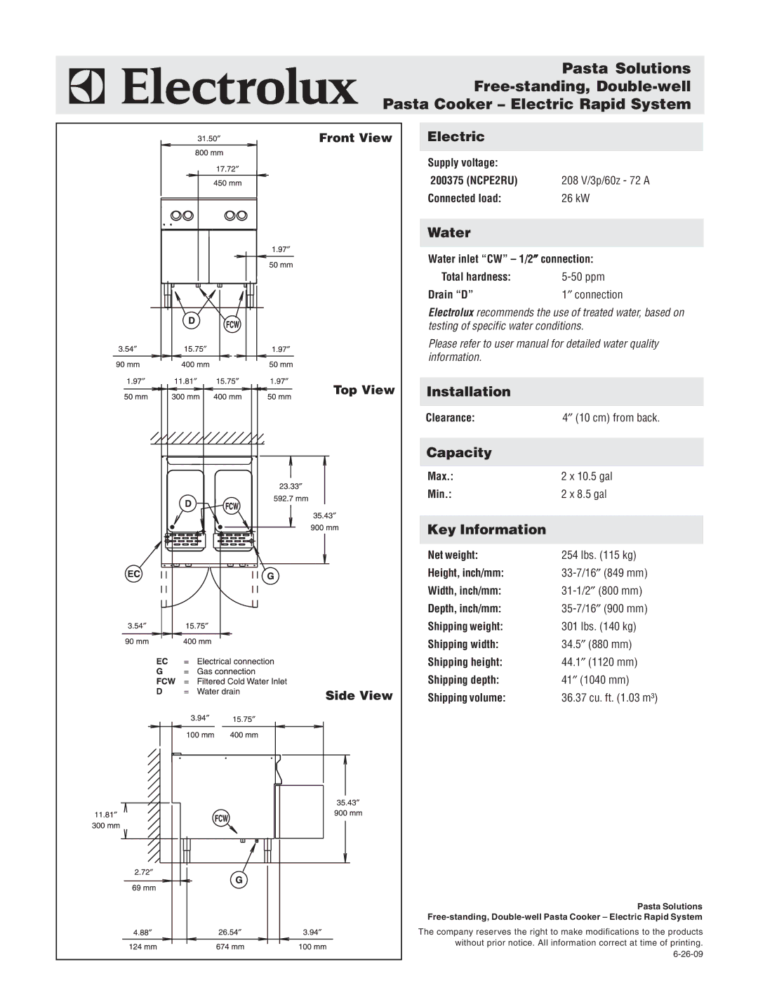 Electrolux NCPE2RU, 200375 warranty Electric, Water, Installation, Capacity, Key Information 