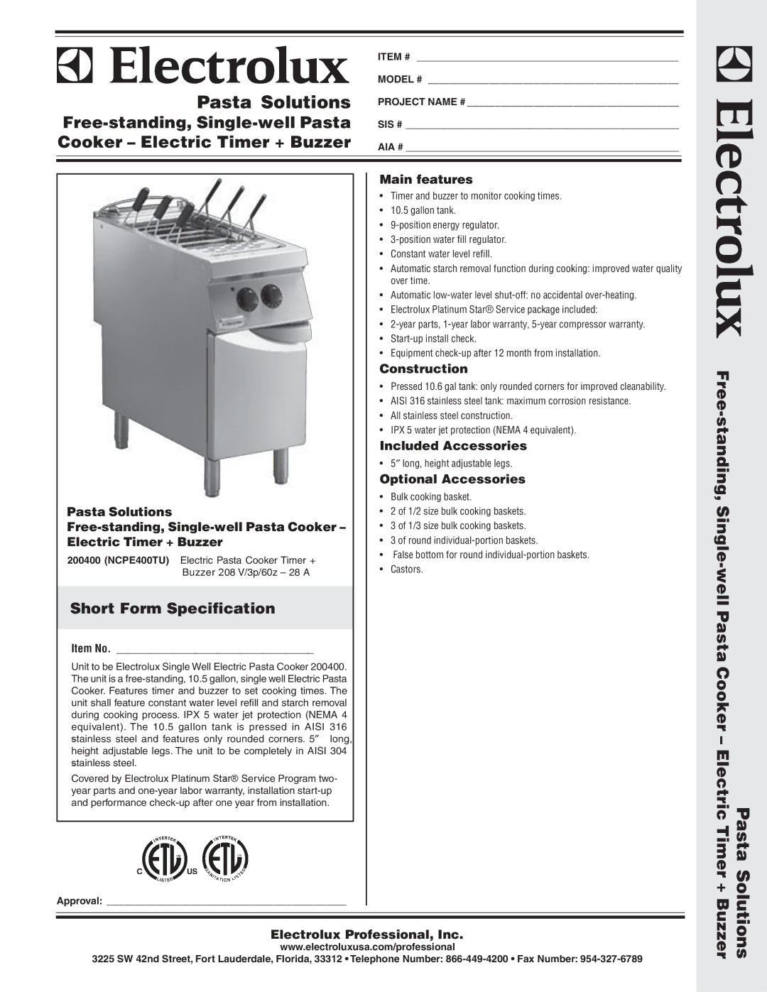 Electrolux 200400, NCPE400TU warranty Main features, Construction, Included Accessories, Optional Accessories 