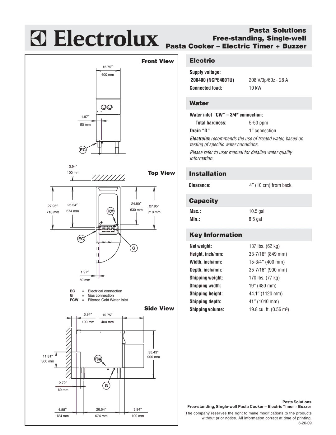 Electrolux Single-well Pasta Cooker, NCPE400TU, 200400 warranty Electric, Water, Installation, Capacity, Key Information 